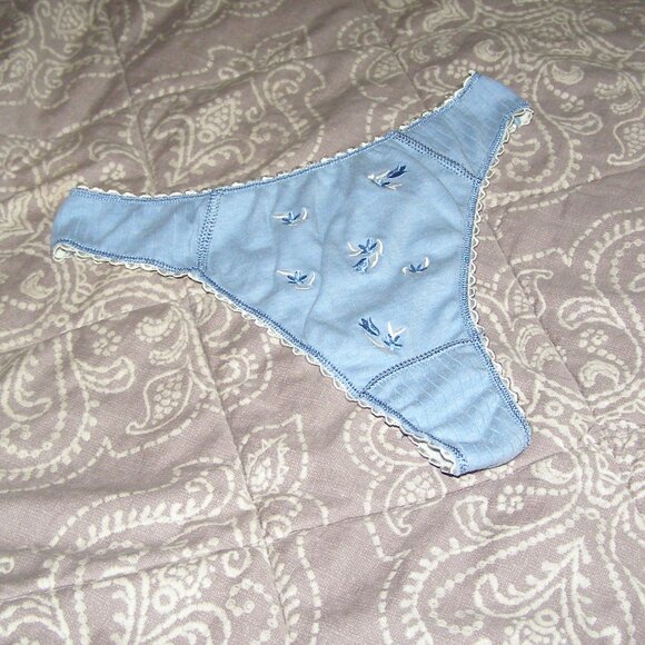 NWOT size Small Stretchy COTTON Thong Cute Blue Floral Embroidery - Picture 2 of 9